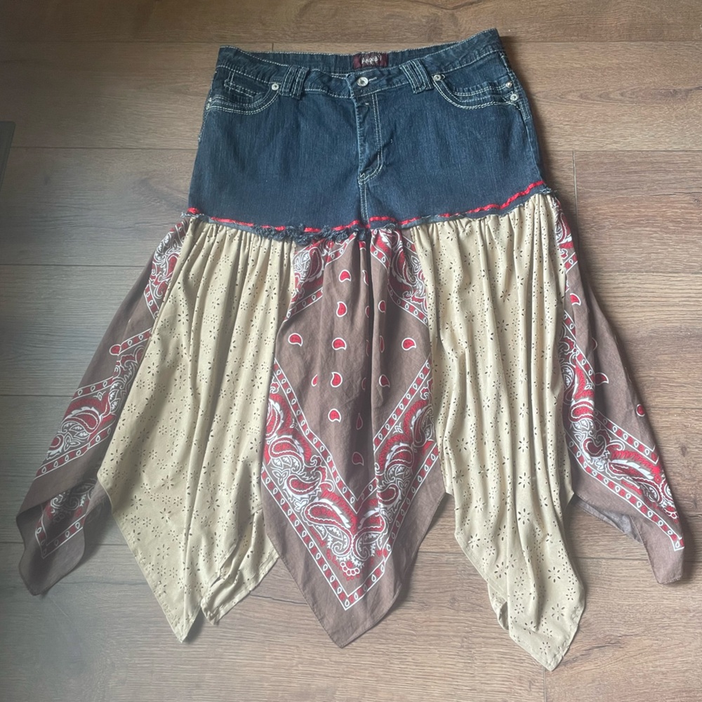 Y2K Angels Denim Handkerchief Skirt with Red, White & Beige Paisley Print